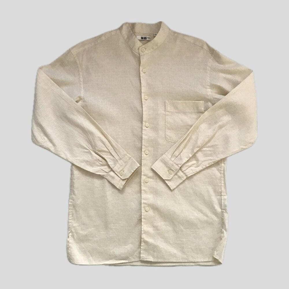 Uniqlo Butter Yellow Linen Cotton Long Sleeve Modern Mens Shirt NWOT - S